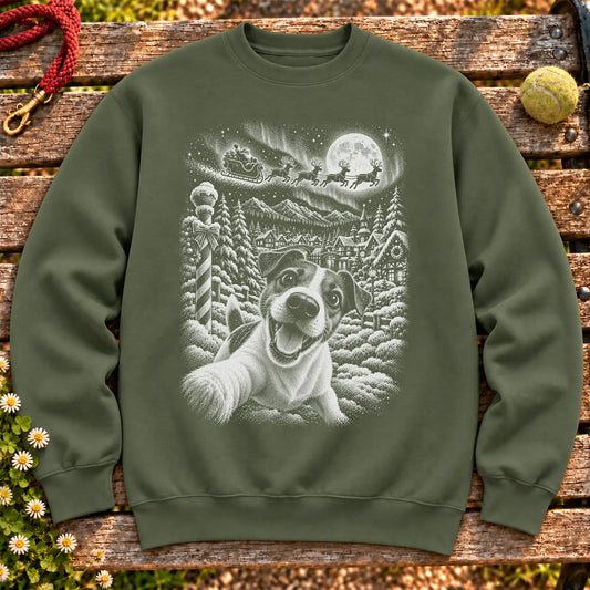 Jack Russell Santa Selfie design on a Military Green crewneck sweatshirt