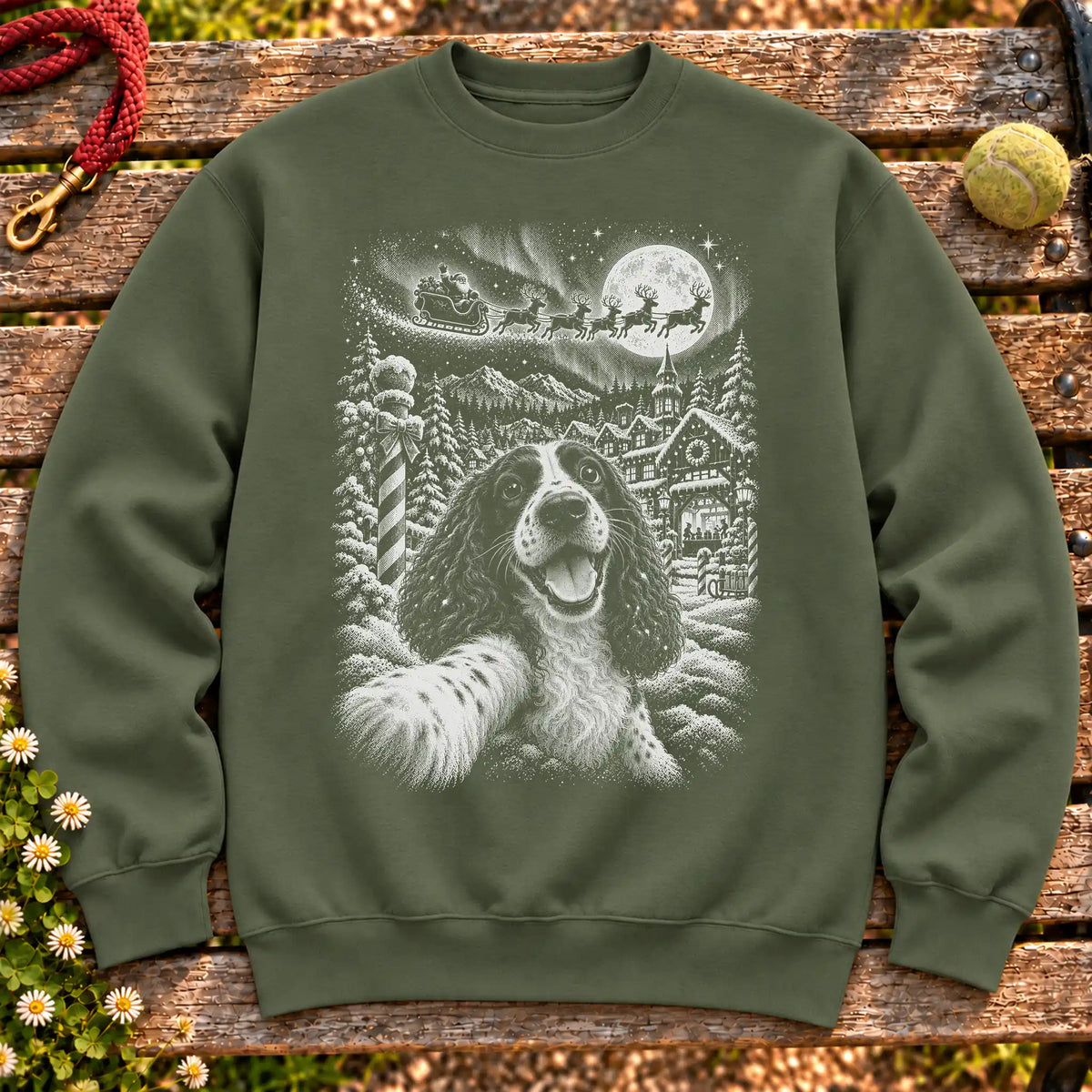 Springer Spaniel Santa Selfie design on a Military Green crewneck sweatshirt
