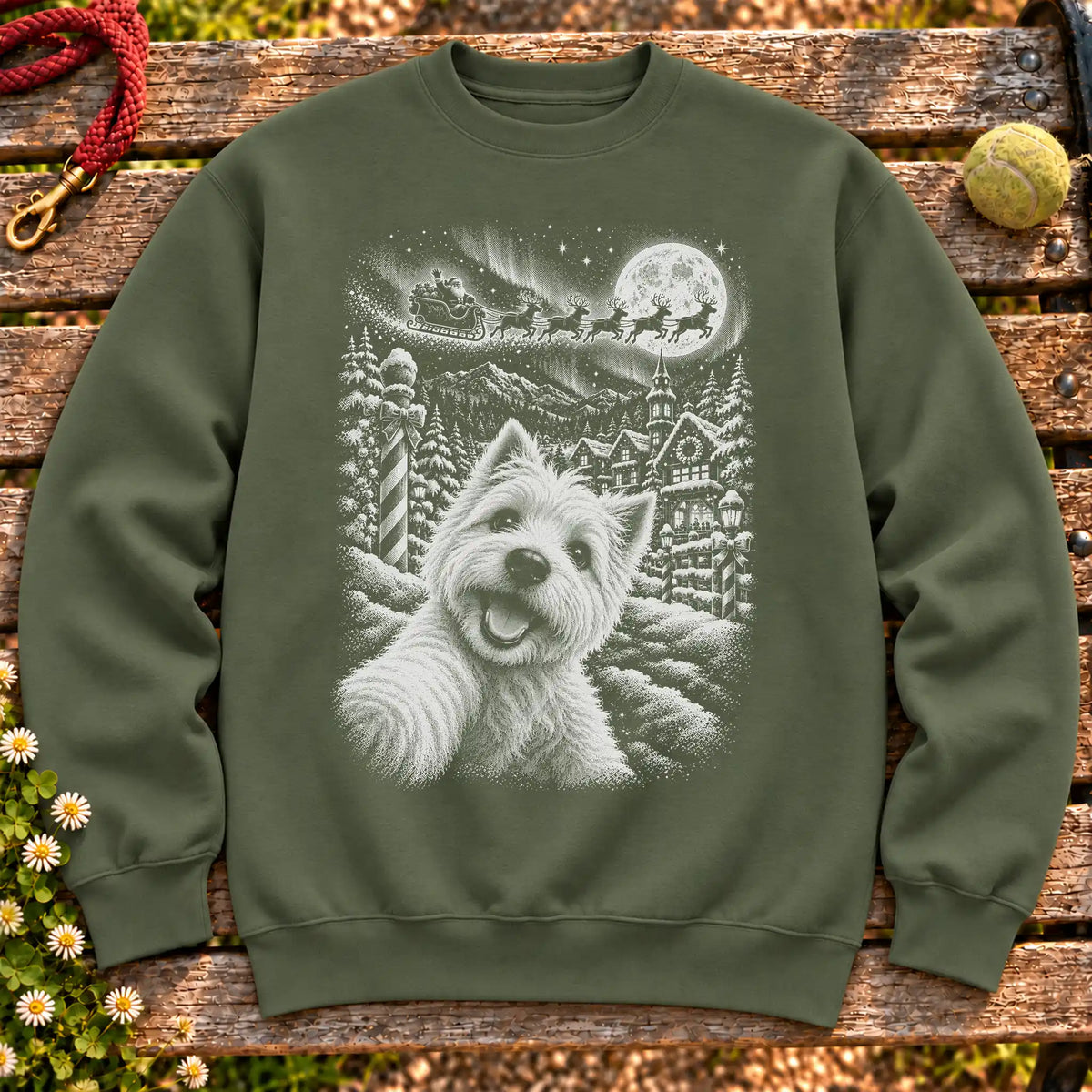 Westie Santa Selfie design on a Military Green crewneck sweatshirt
