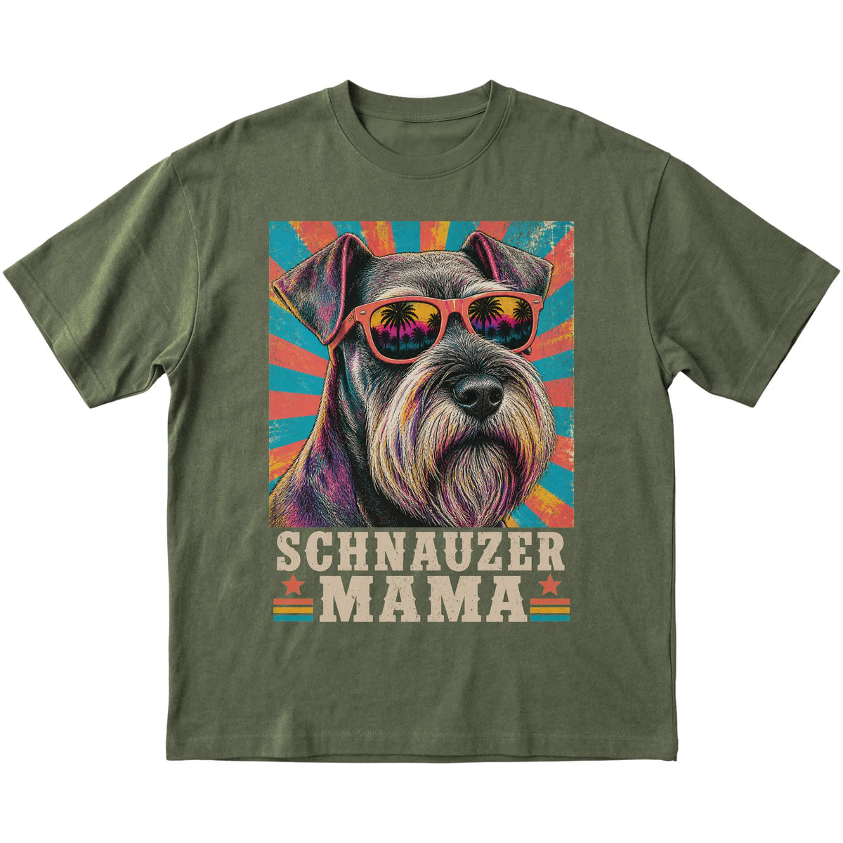 Retro Schnauzer Mama design on a Military Green softstyle T-shirt
