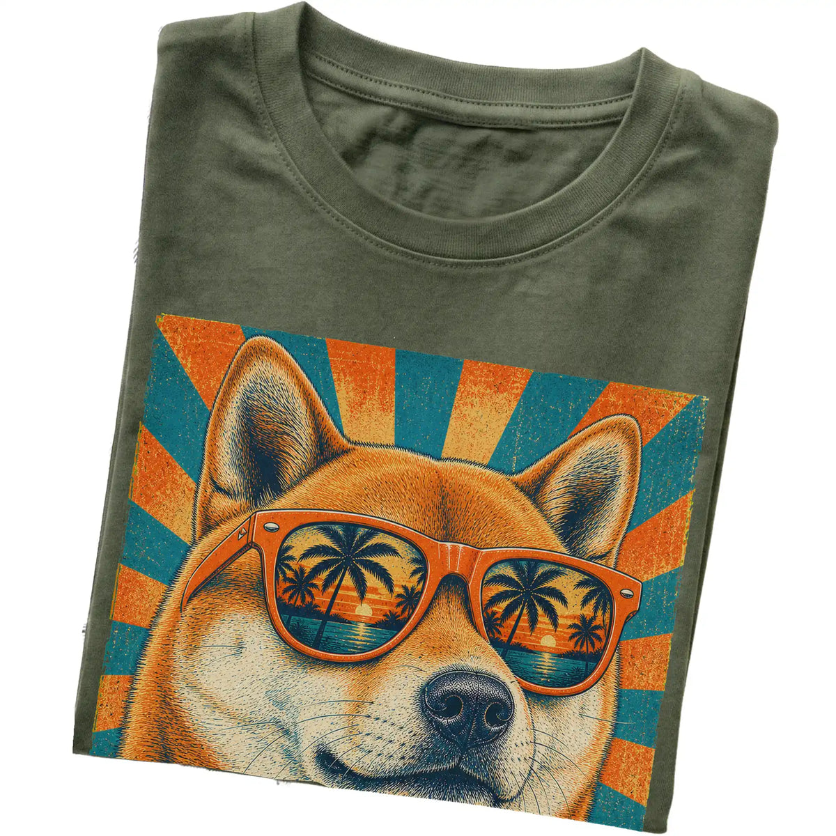 Folded Military Green softstyle T-shirt with a Retro Shiba Inu Dad design