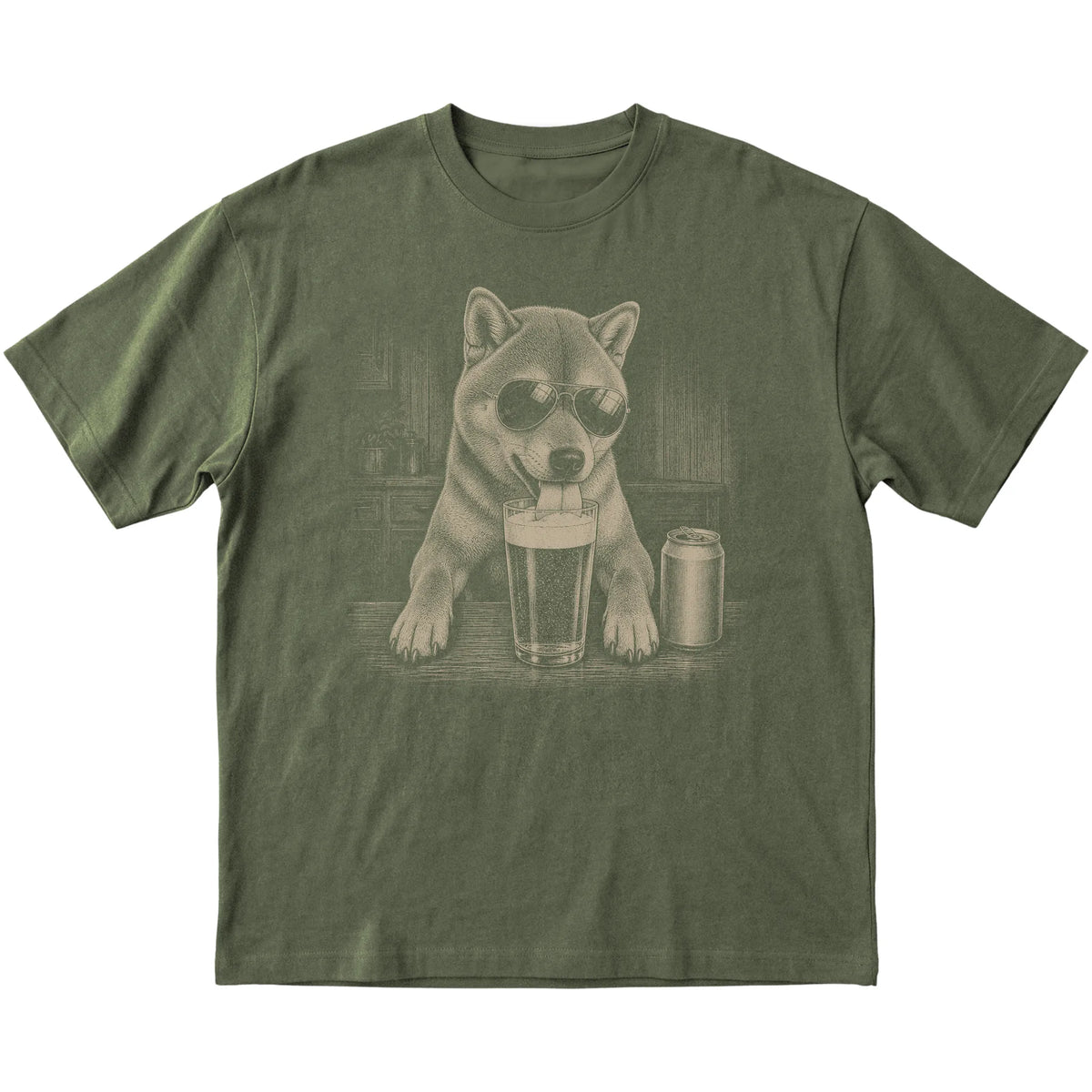 Military Green Shiba Inu drinking from a pint at a bar, laid flat