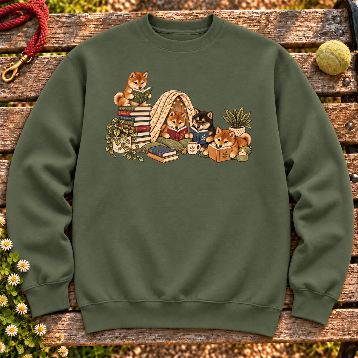 Shiba Inu puppies reading books in a cozy blanket fort on a Military Green sweatshirt