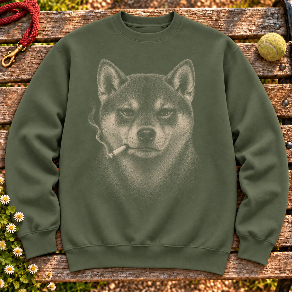 Shiba Inu smoking design on a Military Green sweatshirt