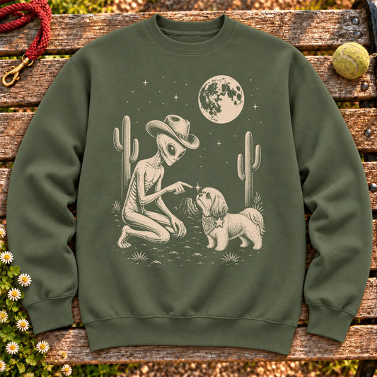 Shih Tzu Cowboy and Alien on a Military Green crewneck sweatshirt, shown flat