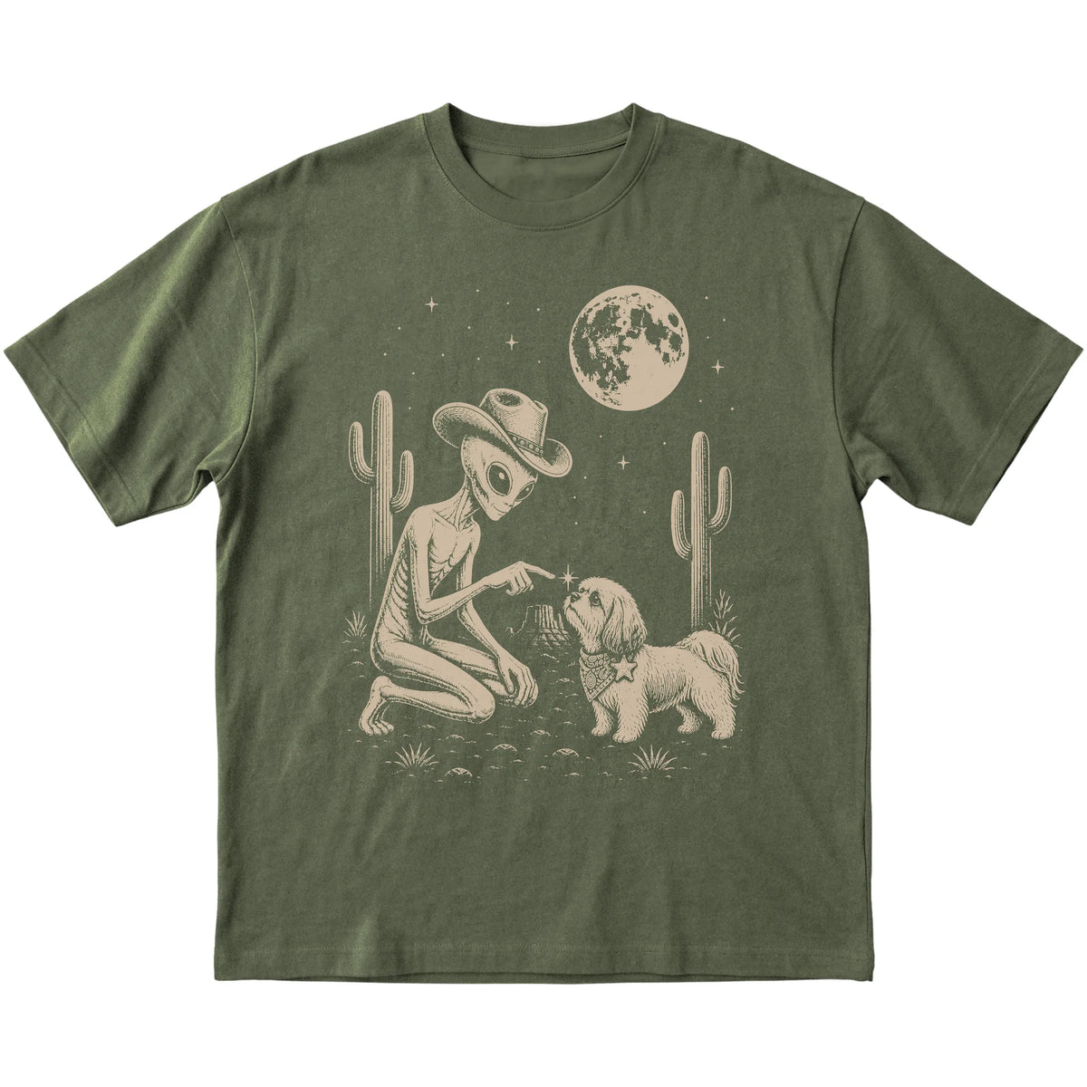 Military Green T-shirt featuring Shih Tzu Cowboy and Alien, laid-flat presentation