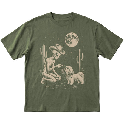 Military Green T-shirt featuring Shih Tzu Cowboy and Alien, laid-flat presentation