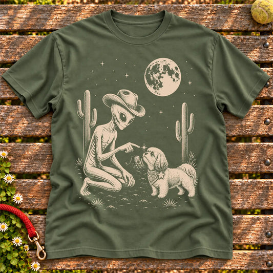 Shih Tzu Cowboy and Alien on a Military Green T-shirt, shown flat