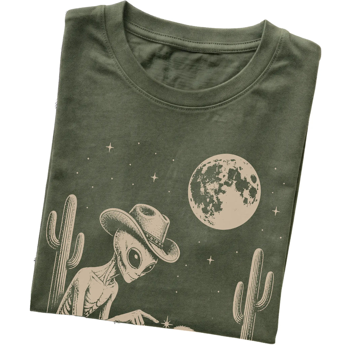 Military Green T-shirt featuring Shih Tzu Cowboy and Alien, folded presentation