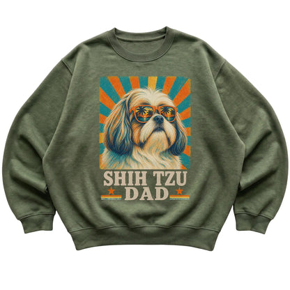 Retro Shih Tzu Dad design on a Military Green crewneck sweatshirt