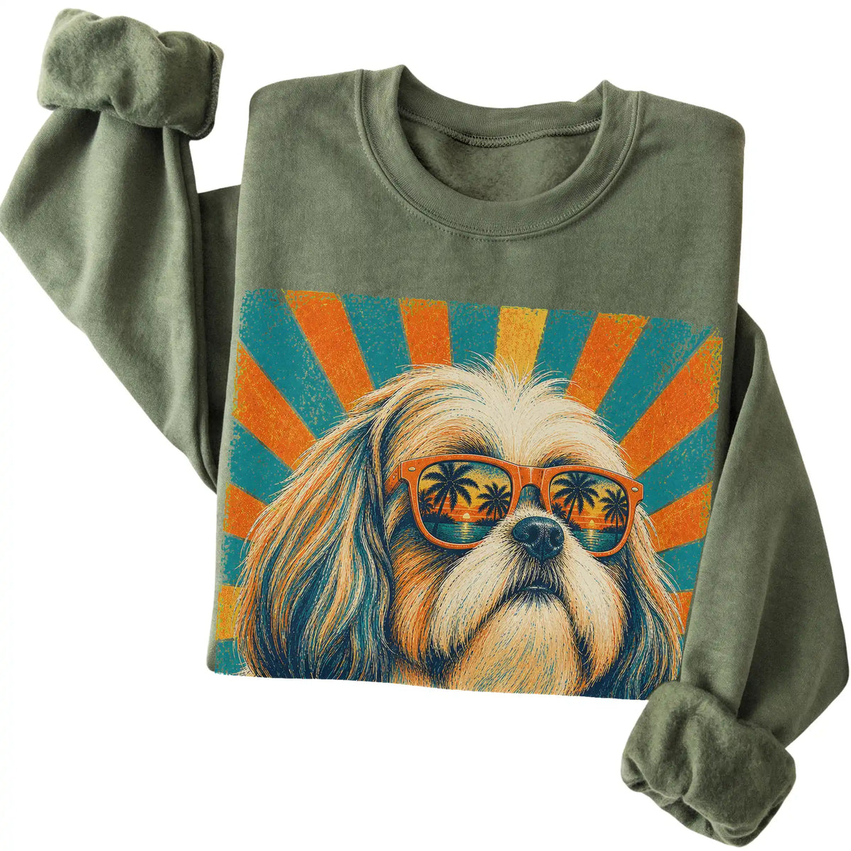 Folded Military Green crewneck sweatshirt with a Retro Shih Tzu Dad design