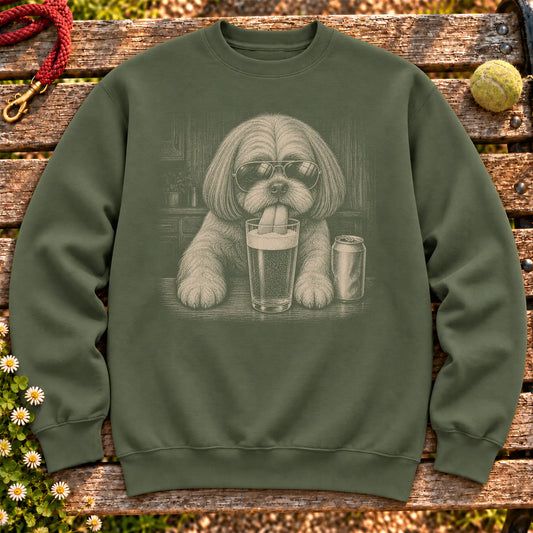 Shih Tzu Drinking Beer on a Military Green crewneck sweatshirt, shown flat