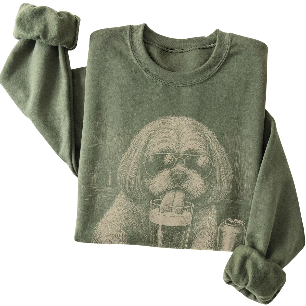Military Green Shih Tzu drinking from a pint at a bar, folded detail view