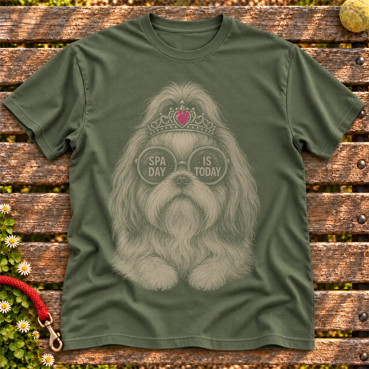 Shih Tzu Spa Day Is Today on a Military Green T-shirt, shown flat