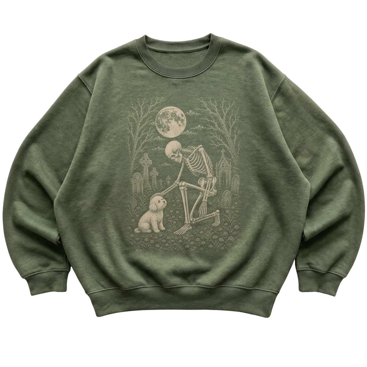 Skeleton petting a Bichon Frise in a graveyard on a Military Green sweatshirt