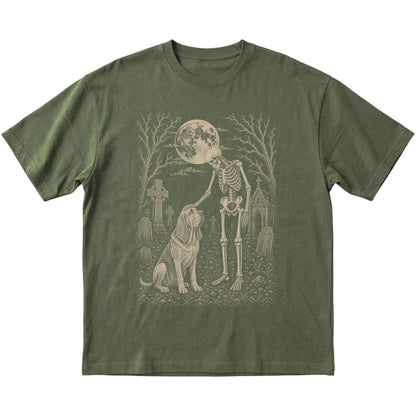 Skeleton petting a Bloodhound in a graveyard on a Military Green T-shirt