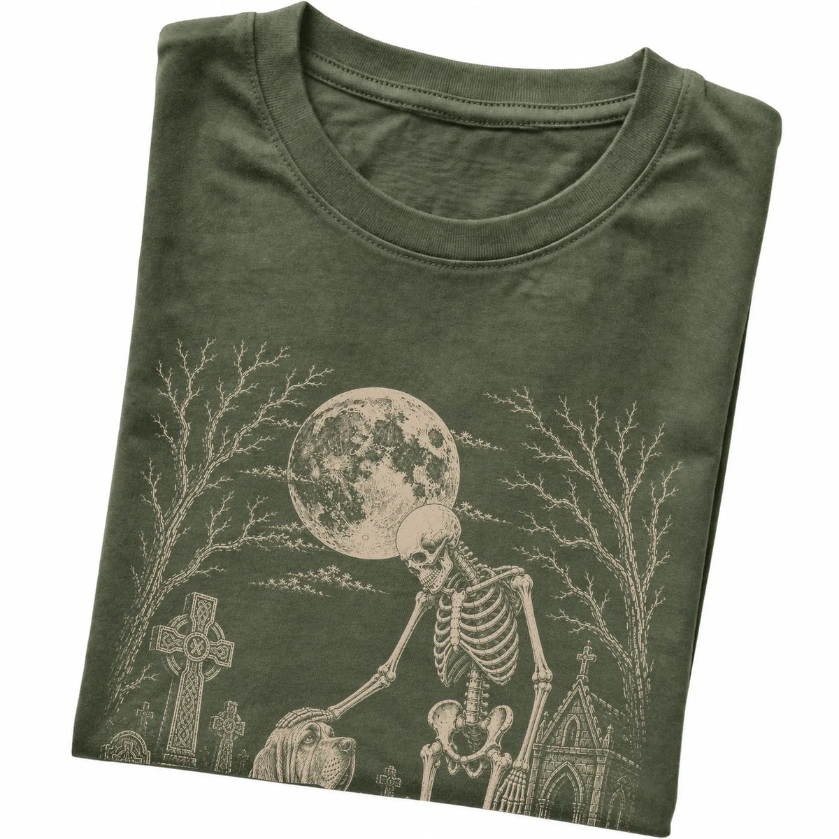 Folded Military Green T-shirt with a skeleton petting a Bloodhound in a graveyard