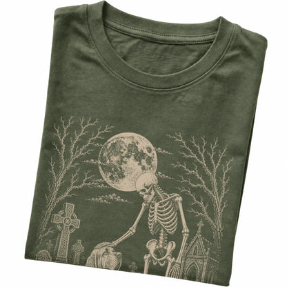 Folded Military Green T-shirt with a skeleton petting a Bloodhound in a graveyard