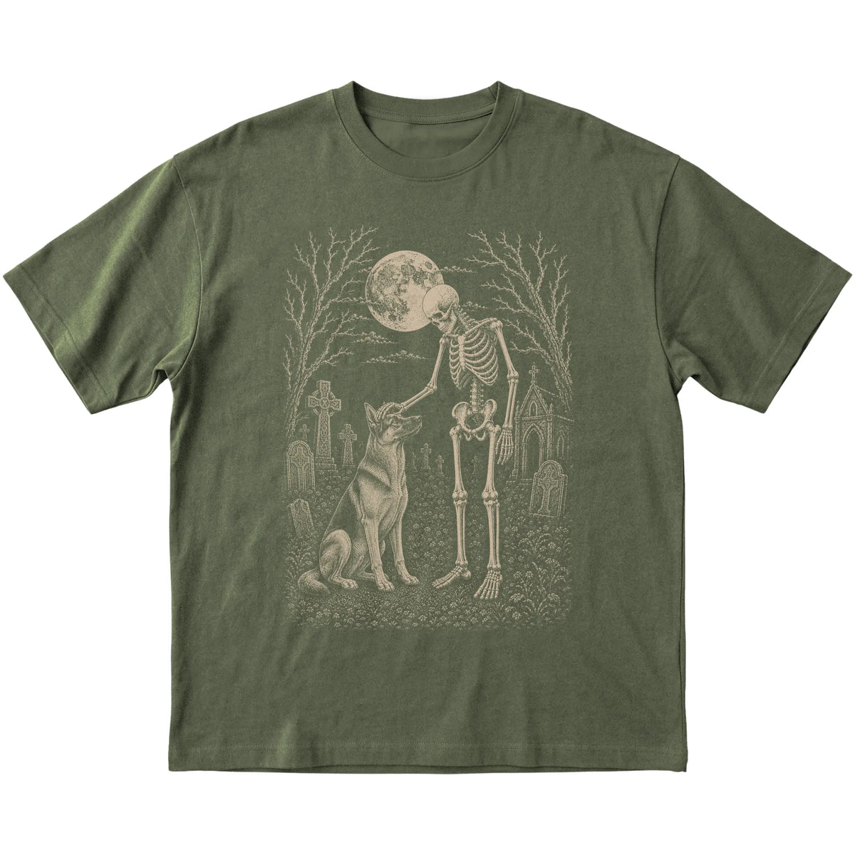 Skeleton petting a German Shepherd in a graveyard on a Military Green T-shirt
