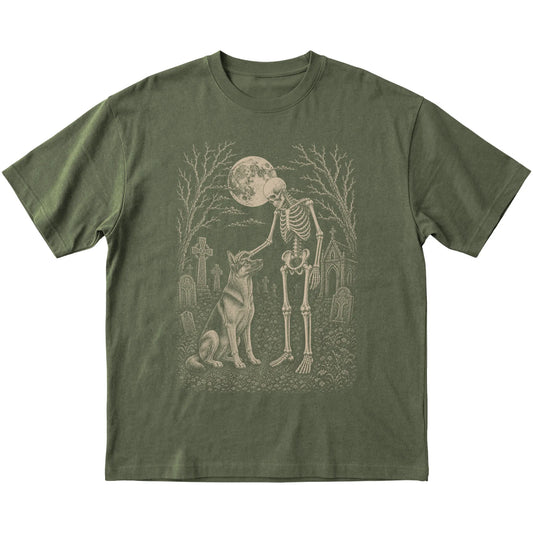 Skeleton petting a German Shepherd in a graveyard on a Military Green T-shirt