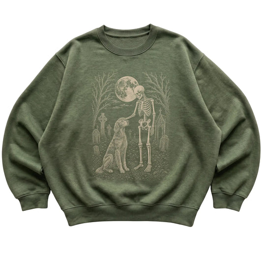 Skeleton petting an Irish Setter in a graveyard on a Military Green sweatshirt