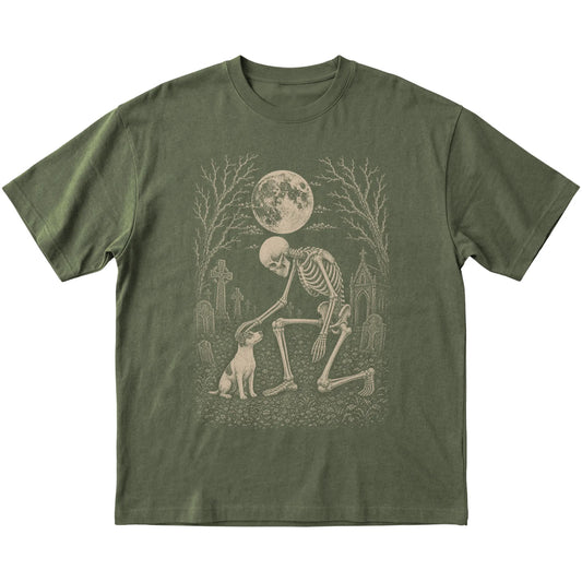 Skeleton petting a Jack Russell in a graveyard on a Military Green T-shirt