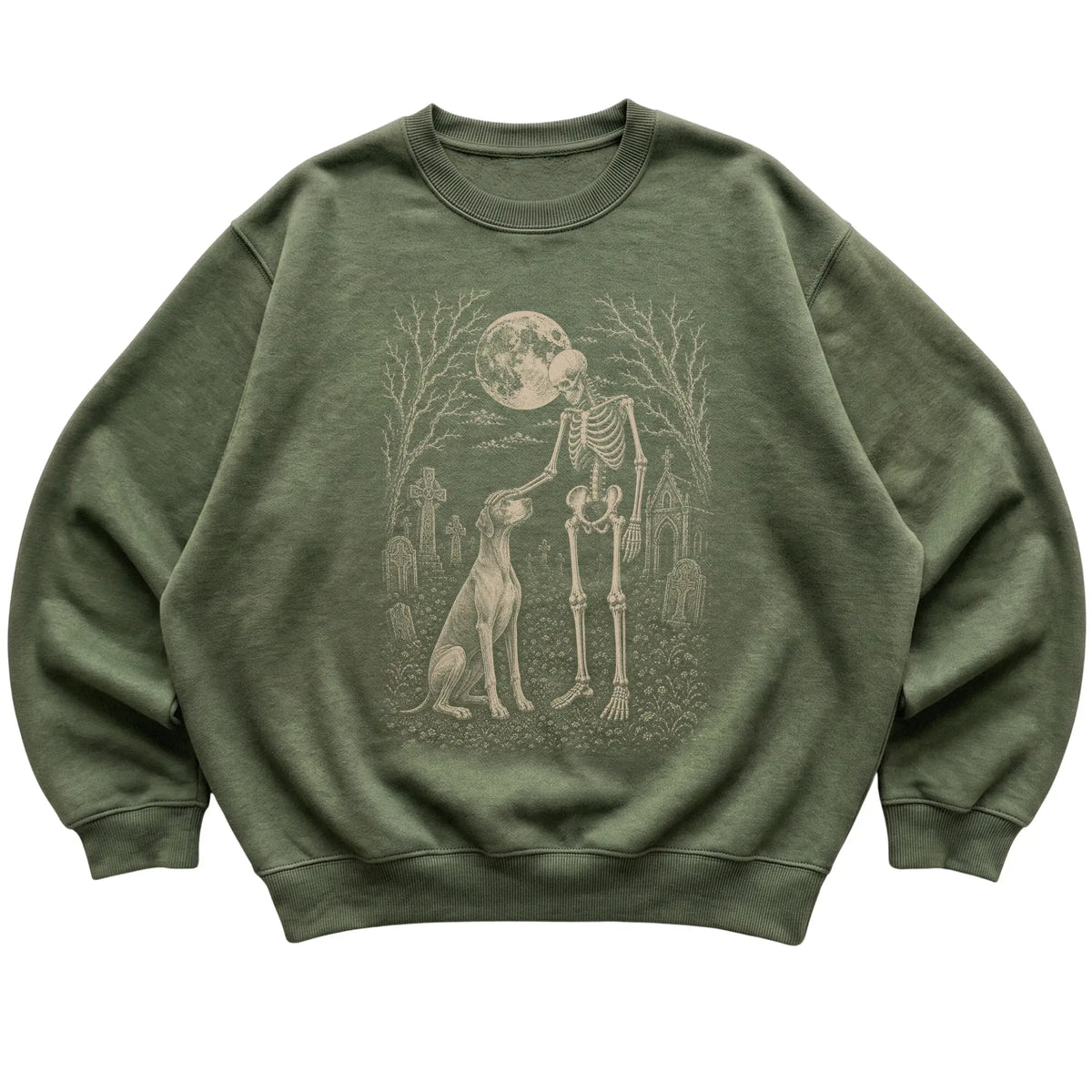 Skeleton petting a Pointer in a graveyard on a Military Green sweatshirt