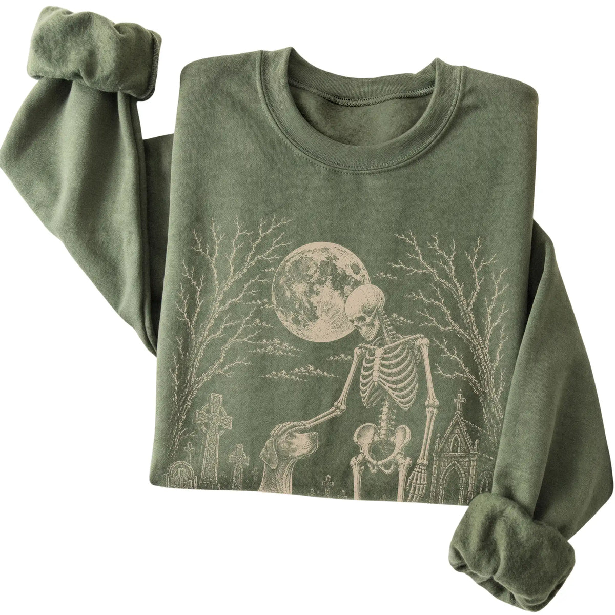Folded Military Green sweatshirt with a skeleton petting a Pointer in a graveyard