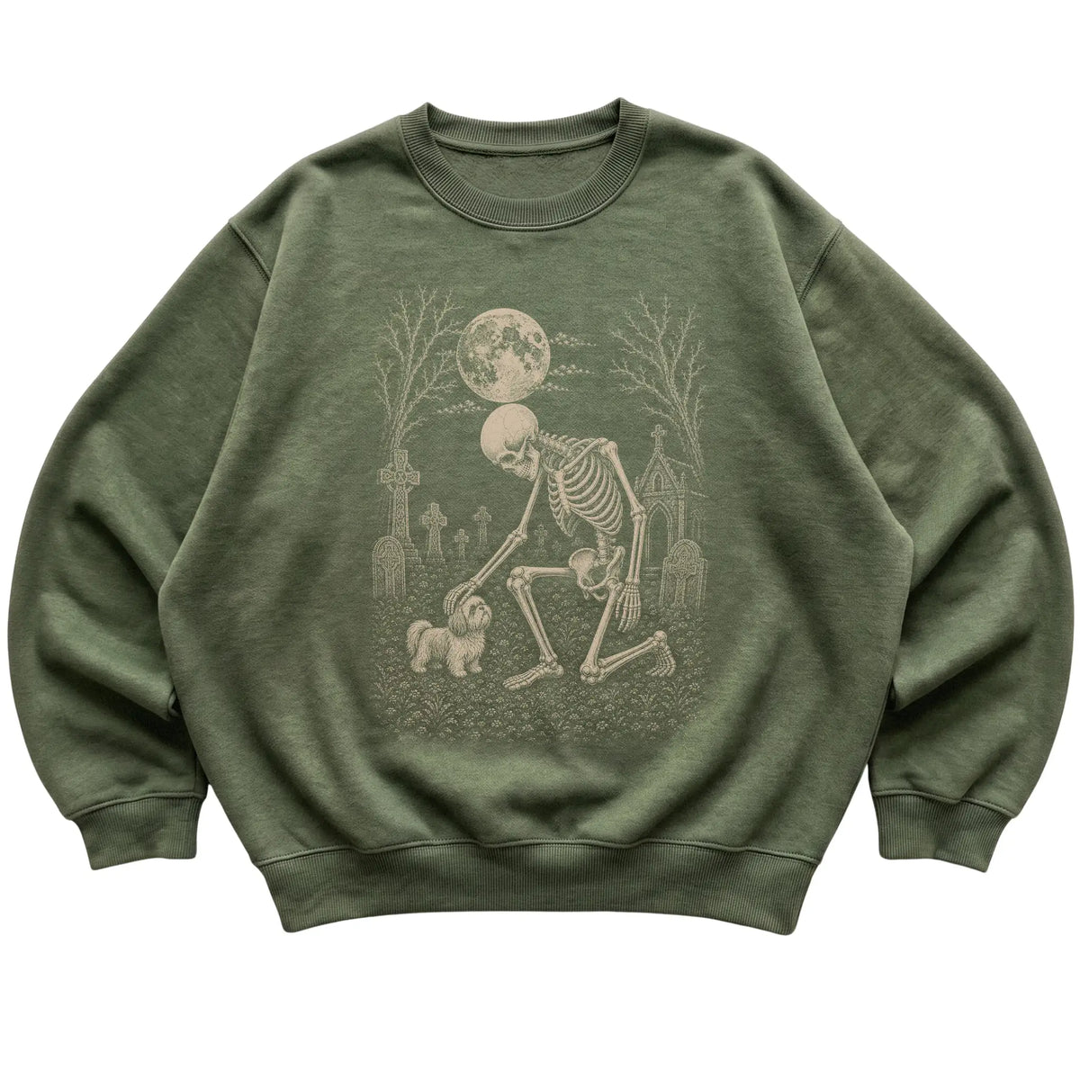 Skeleton petting a Shih Tzu in a graveyard on a Military Green sweatshirt