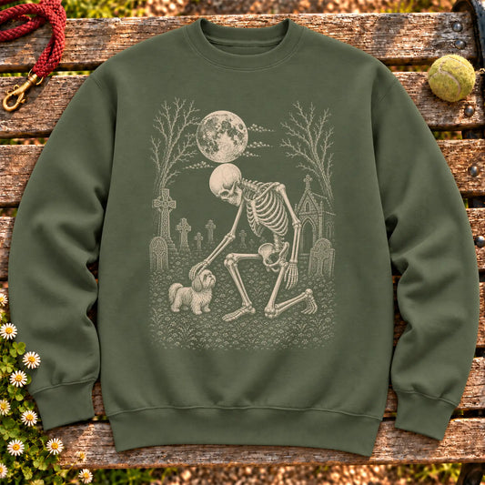 Shih Tzu Skeleton Petting on a Military Green crewneck sweatshirt, shown flat