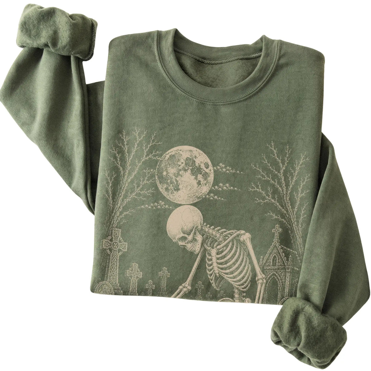 Folded Military Green sweatshirt with a skeleton petting a Shih Tzu in a graveyard