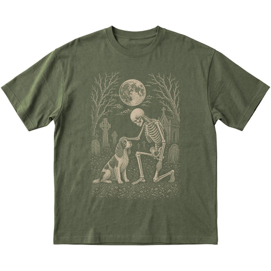 Skeleton petting a Springer Spaniel in a graveyard on a Military Green T-shirt