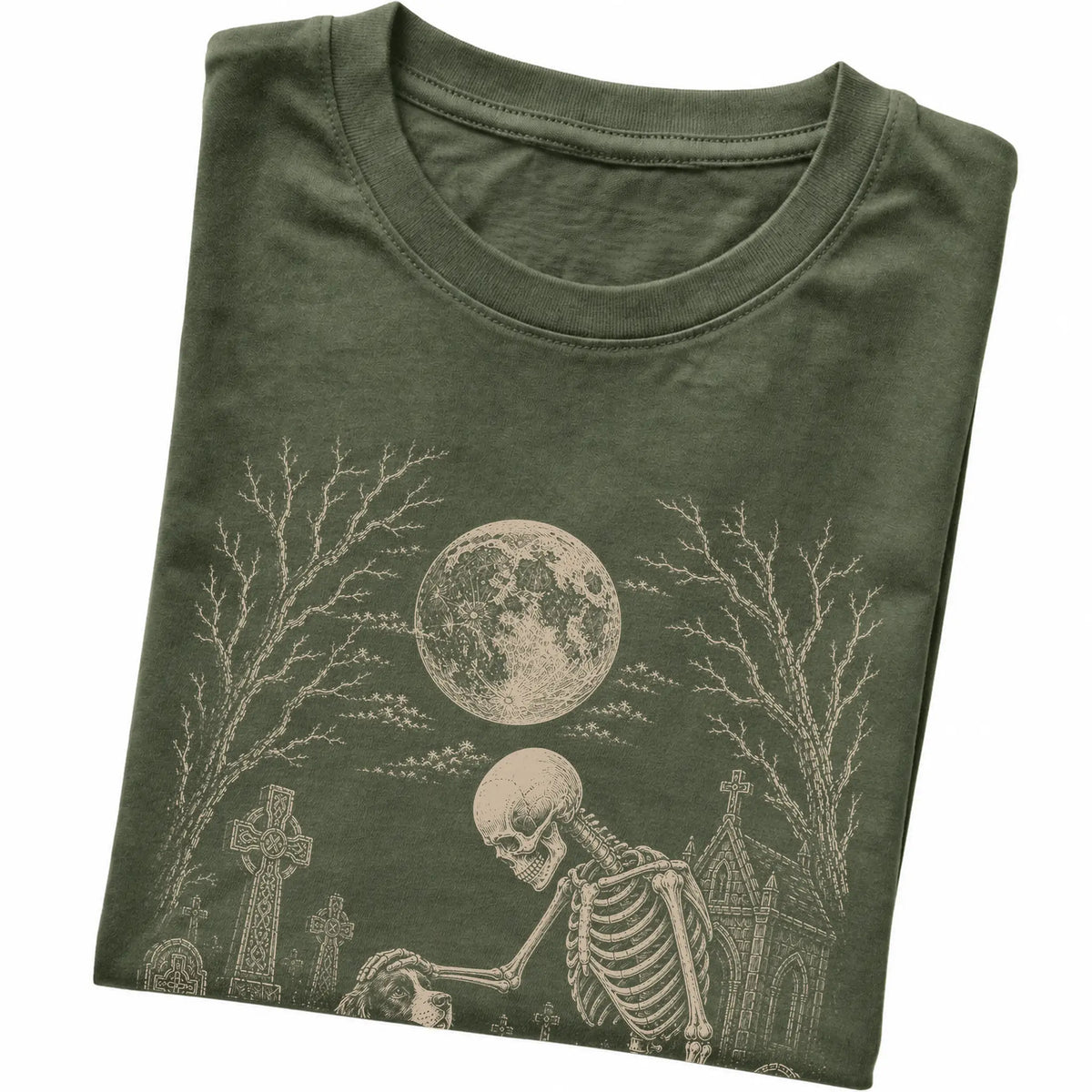 Folded Military Green T-shirt with a skeleton petting a Springer Spaniel in a graveyard