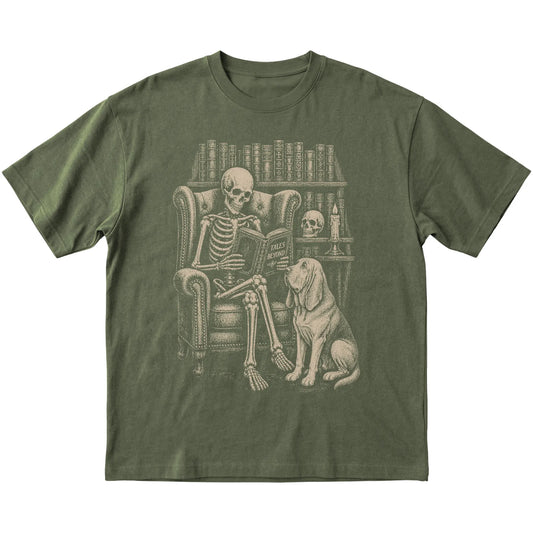 Skeleton reading Tales Beyond to a Bloodhound on a Military Green T-shirt
