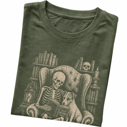 Folded Military Green T-shirt with a skeleton reading Tales Beyond to a Jack Russell