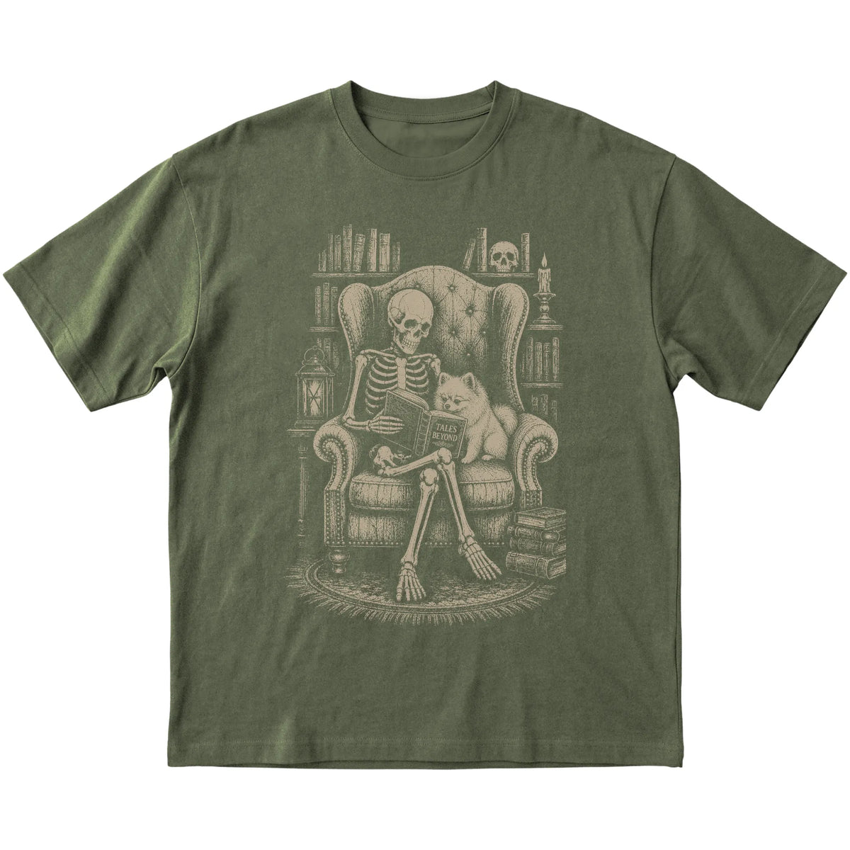 Skeleton reading Tales Beyond to a Pomeranian on a Military Green T-shirt
