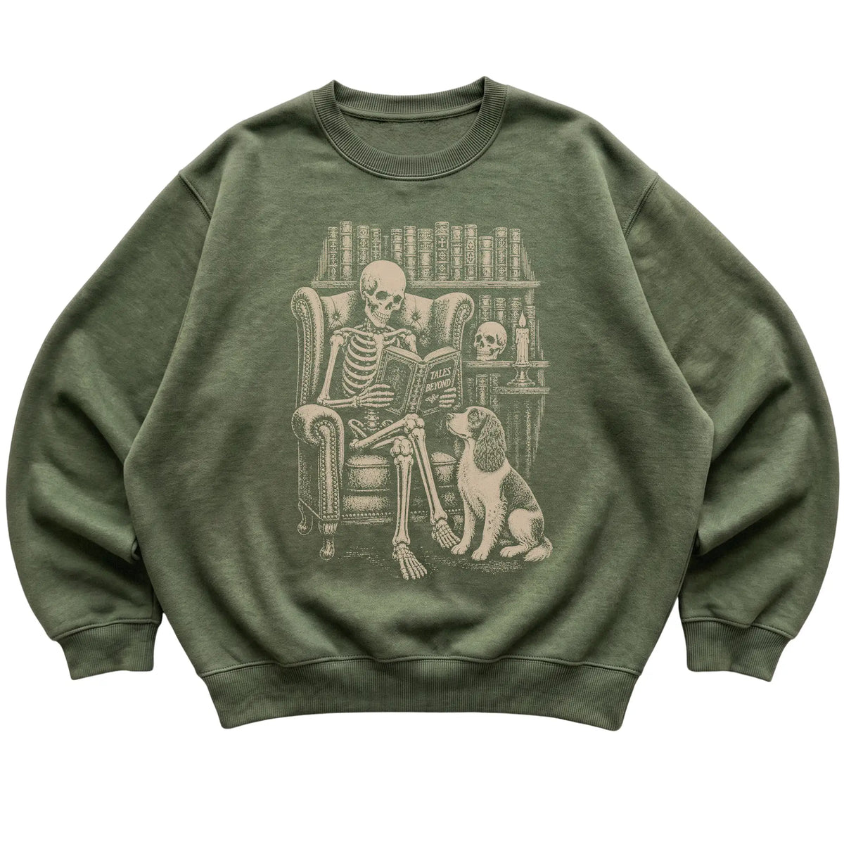 Skeleton reading Tales Beyond to a Springer Spaniel on a Military Green sweatshirt