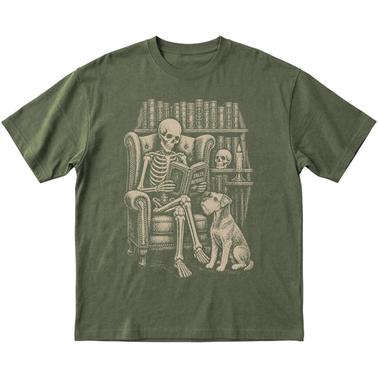 Skeleton reading Tales Beyond to a Schnauzer on a Military Green T-shirt