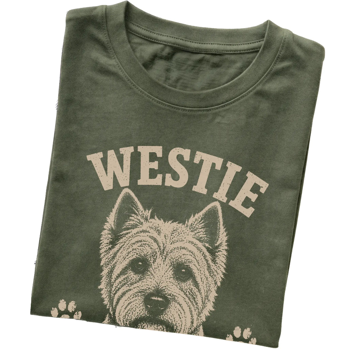 Military Green T-shirt featuring Small, Bright & Full Of Nerve - Westie, folded presentation