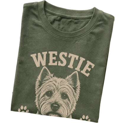 Military Green T-shirt featuring Small, Bright & Full Of Nerve - Westie, folded presentation