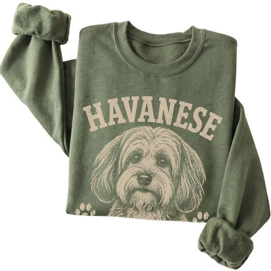Military Green crewneck sweatshirt featuring Small Dog, Big Social Calendar - Havanese, folded presentation
