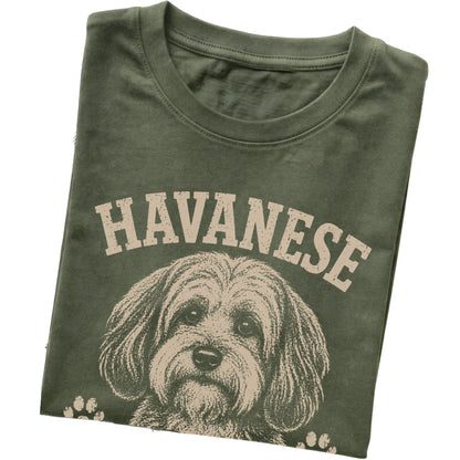Military Green T-shirt featuring Small Dog, Big Social Calendar - Havanese, folded presentation