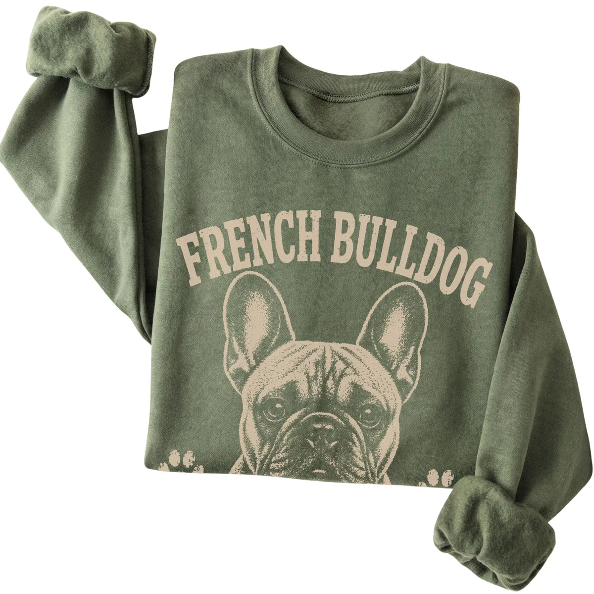 Military Green crewneck sweatshirt featuring Small Frame, Main Character Energy - French Bulldog, folded presentation