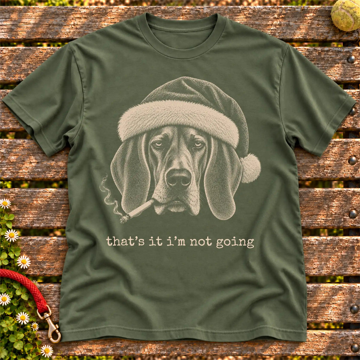 Basset Hound wearing a Santa hat and smoking on a Military Green T-shirt