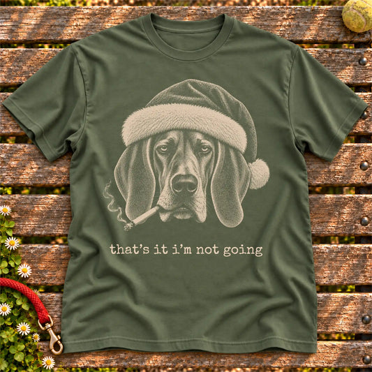 Basset Hound wearing a Santa hat and smoking on a Military Green T-shirt