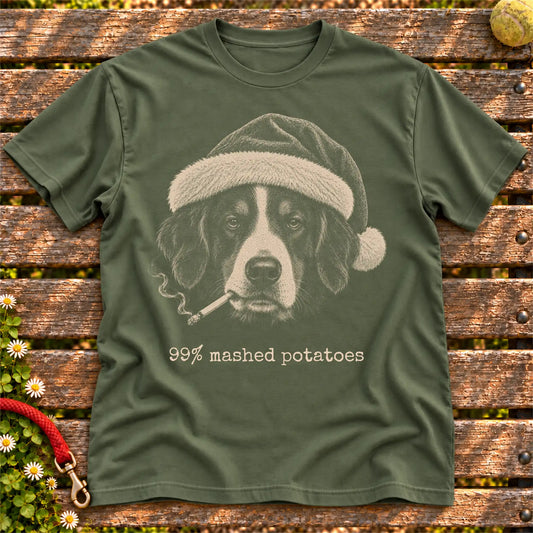 Bernese Mountain Dog wearing a Santa hat and smoking on a Military Green T-shirt
