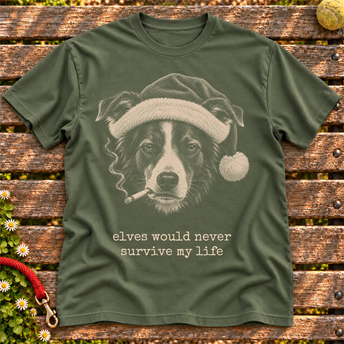 Border Collie wearing a Santa hat and smoking on a Military Green T-shirt