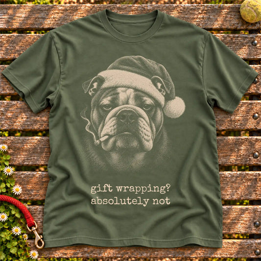 Bulldog wearing a Santa hat and smoking on a Military Green T-shirt
