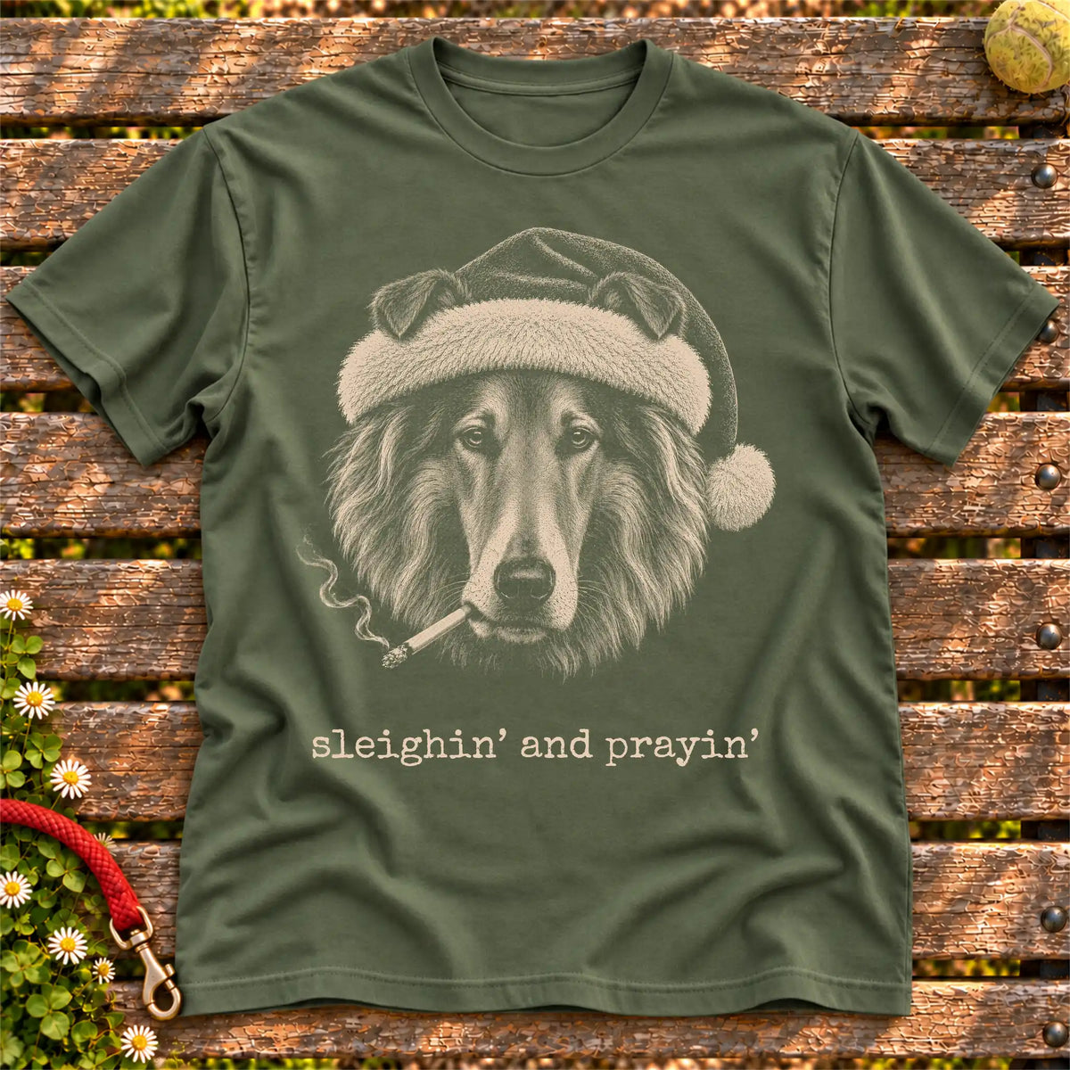 Collie wearing a Santa hat and smoking on a Military Green T-shirt