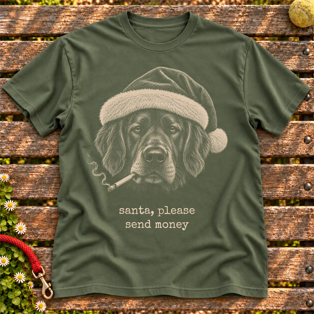 Newfie wearing a Santa hat and smoking on a Military Green T-shirt